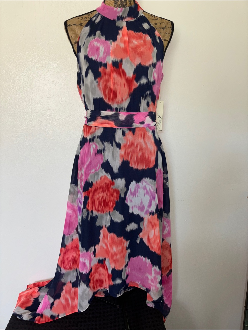 Eliza J Navy High-Low Halter Dress with Pink & Coral Floral Print